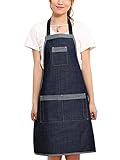 デニムエプロン 女性用 保育士 首掛け 業務用 DIY カフェエプロン 料理教室 ポケット付 ブルー