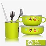 Xing Lin Kidsディナーセットステンレススチールテーブルウェアベビー乳児Wanshaoポータブルカバースプーンフォーク箸Suckerボウルto eatベビーボウルボウル、グリーン/ 6 Pi