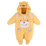 EOZY キッズ用 厚い ベビー カバーオール 足つき ロンパース クマ 着ぐるみ フード付き 子供 男の子 女の子 パジャマ 防寒着 防寒対策 かわいい イエロー 90