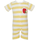 【本体綿100％】2016年 夏物 はらぺこあおむし ボーダー アップリケ付 前開き半袖ロンパース カバーオール THE WORLD OF ERIC CARLE イエロー◇80cm