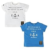 (ブルー/90cm)ベビー服 男の子 Tシャツ 半袖 袖ブランドタグ 裾ワンポイント ロゴプリント 男児 ベビー