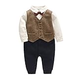 Feidoog　ベビー ボーイズ ロンパース フォーマル 紳士服 洋服 ベスト スーツ 蝶ネクタイ おしゃれ かわいい 長袖 秋冬 綿 結婚式 ブラウン 6-9M