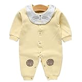 COSCO ベビー服 カバーオール ロンパース パジャマ 肌着 前開き 長袖 春秋用 女の子 男の子 よだれかけ付き (66, ねこイエロー)