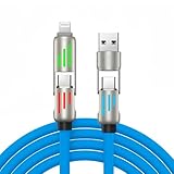 4in1 USB マルチコネクタケーブル, Type-C/A - Type-C/ライトニング対応, 最大60W急速充電, 480Mbpsデータ転送, 1m, LEDコネクタ搭載タイプ (ブルー)