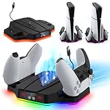 ps5 slim スタンド 縦置き PS5/PS5 Silm スタンド 冷却ファン付き PS5 Silm コントローラー 充電器 3段階風速調整可能 ドック 2台同時充電充電指示ランプ付 収納 RGB照明モード付 PS5 slim の通常版とデジタル版両対応