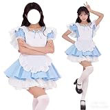 [FULINE] メイド ロリータ コスプレ 可愛い 4色 メイド服 半袖 6点セット ゴスロリ ワンピース ネイビー ピンク 水色 パープル 大きいサイズ カチューシャ付き コスチュームセット 清楚 可憐 萌え レディース ドレス 喫茶店 遊園地 blue 2XL