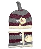 Plus Nao(プラスナオ) 子供用ニット帽＋マフラー・ボタン付きネックウォーマー・ニットキャップ・キッズ・ベビー・子ども・男の子・女の子 F グレー+ワイン