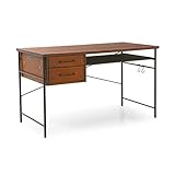 パソコンデスク デスク 机 引き出し2杯付き ラック付き 天然木板 木製 幅120cm ブラウン