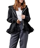 [ミリアンデニ] スクーバ裾フリルパーカー 裾フリル ジップパーカー ボンディング素材 ブルゾン オーバーサイズ ゆったり 長袖 ブラック L