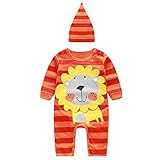 MIOIM ベビー服 可愛い 動物 プリント ロンパース 男の子 女の子 長袖 帽子付き セットアップ 出産祝い 連体服 ボディスーツ 肌着 0-24ヶ月 (ライオン柄, 90CM)