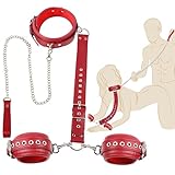 Yilisbait SMグッズ 手錠 手枷 首輪 人間 sm プレイ グッズ 拘束具 アダルトグッズ 女性 拘束グッズ グッズ女子用 大人のおもちゃ 束縛具 コスプレ 男 男性向け リード付き 調節可能 3点セット (レッド)