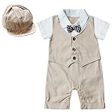 イーエフイーEFEベビーボーイズ蝶ネクタイ付半袖ロンパー×帽子2点セットベビー服　スーツ風切替ロンパース　コットン　オムツ着替便利　2色 (95, カーキ) [並行輸入品]