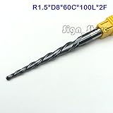 1ピース/ロットr1.5 * d8 * 60 * 100l * 2f hrc55タングステン超硬ソリッドコーティングしたテーパーテーパーボールノーズエンドミルコーン型cncフライスカッタービット