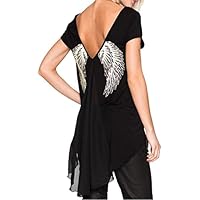 Aliciga tシャツ レディース 服 半袖 無地 後ろ 翼 プリント バックレス 背中見せ トップス 人気 カジュアル フィッシュテール カットソ 普段着 部屋着 セクシー 母の日 ギフト