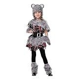 [Folove] ハロウィン 仮装コスチューム 子供 オオカミ少女 コスプレ衣装 フェイクファー 帽子 ショール スカート レッグカバー グローブ 狼少年 灰色 悪魔 着ぐるみ ダンス服 クリスマス 学園祭り 誕生日会 コスチューム5点セット