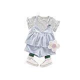 夏子供Ｔシャツ+パンツ 女の子の服 Pojour 1-6歳キッズ用かわいい2セット 子供ギフト 綿 通気 ブルー(70cm)