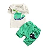 【SEBLES】ベビー 赤ちゃん 半袖 ラウンドネック シャツ Tシャツ 半パン 半ズボン パンツ コットン くじら プリント 肩ボタン スター 上下 セット 初夏 夏 薄手 0歳 1歳 2歳 (グリ