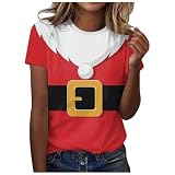 [Teevaseoan] クリスマス サンタ ｔシャツ レディース 仮装 衣装 大人用 コスプレ おもしろtシャツ トナカイ 雪だるま可愛い コスチューム 人気 おしゃれ カットソー 総柄 かわいい トップス 半袖 丸首 プルオーバー カジュアル 個性(レッド/M)