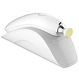 ベビー専用電動爪切り、爪磨き　多機能電動ネイルケアセット（４つヘッド、超低騒音、三段スピード・LEDライト付き）流線型の充電ベースに収納ケースが隠れています。赤ちゃんのためのデザイン、色は白。　