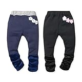 ベビー服 女の子 ロング パンツ ボトム UZULAND 裏パイル起毛 シャーリング シャギーボア切替 花装飾 ワッペン 女児 ベビー (1.ネイビー/95cm)