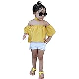 Aliciga 子供服 女の子 上下セット 半袖 肩出し 無地 花柄 オフショルダー 蝶結び パフ袖 ボートネックTシャツ+穴あるジーンズ+（ピンク無し）ヘッドバンド ルース チョーカ リボン かわい