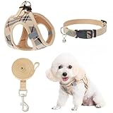 BINGPET 犬 ハーネス 首輪 リードセット 胴輪 小型犬 犬用ハーネス チェックデザイン ハンドル付き メッシュ素材 身体に優しい ベスト 反射材付き 調節可能 お散歩 着脱簡単 引っ張り防止 人気 おしゃれ 可愛い (ベージュ, XS)