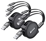【2本セット巻き取り式充電ケーブル 新登場】3in1 充電ケーブル 巻き取り 3in1 充電コード 3台同時給電可能3A最大15W 伸縮式 絡み防止 3種類端子対応 1.2m 高速データ転送（i0s対応のみ）正規充電器対応 (ブラック)