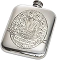 Wentworth Pewter- Usquabae Thistle Skull 6oz Pewter Cushion, Pocket Flask, Spirit Flask, Skull and Hearts Pattern