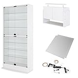 【福袋】【地球家具】コレクションラック「ワイド」新シリーズセット 幅83cm 奥行29cm 【正規品】[鍵付きコレクションケース] [耐震]（開き戸 ハイタイプ本体+上置きロータイプ+背面ミラー+LED） ホワイト