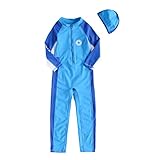 正規品 最新 女児水着 男児水着 三色 ラッシュガード キッズ水着 帽子付き水着 長袖 UPF50+素材使用 スイムキャップ付き (3T(90-100）, ブルー)