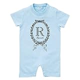 イニシャル ショート ロンパース [HR22] 80cm ライトブルー×ダークグレー柄 出産祝い 誕生日 プレゼント おしゃれな 名入れ ベビー服