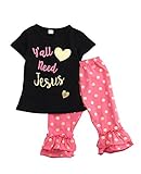 Little girl Jesusプリント服セット半袖Tシャツドットbell-bottomパンツ