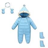 LittleSpring 冬 ダウン カバーオール ロンパース フード付き キャップスーツ ベビー 男の子 女の子 長袖 防寒着 幼児服 厚手 保温 ダウン ジャケット 手袋 靴下 セットアップ ブル