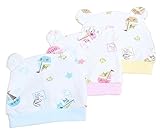 新生児用耳の形帽子 綿ベビーキャップ(頭囲38cm～42cm) 3枚セット(0~6カ月) ブルー/黄/ピンク