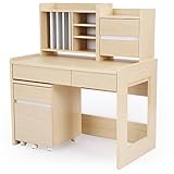 学習机 学習デスク 4点セット 3段階 天板昇降 上棚組換え 可動棚 チェスト付 木目調 勉強机 幅100cm ツートン ナチュラル/ホワイト
