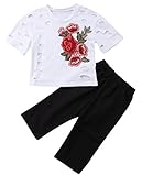 白いTシャツ 2セット女の子 ローズ刺繍 パターン ラウンドネック 半袖 穴 トップス +黒いズボン子供服（1-6歳の子供に向け) (1-2歳)