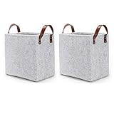 訳有り ライトグレー色 2個組 フェルト ランドリーバスケット 幅32*奥行き22*高さ32cm 簡素なデザイン 合成皮革ハンドル 簡単自立 折畳み バスケット ランドリーバッグ ランドリーバスケット 洗濯かご かご バスケット 小物入れ 