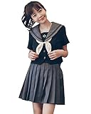 セーラー服 長袖 女子制服 学生服 女子高校生 高校生 学生 制服 コスチューム 刺繍 黄色い蝶結び 金魚結び 紺色の襟 可愛い 清純 コス