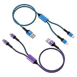 2in1 iPhone 充電ケーブル 「2本組/1.2Ｍ」タイプc USBケーブル ライトニングケーブル 2.4A&3A急速充電 Haoano マルチコネクタケーブル 2イン1 充電コード 2台同時給電可能 iPhone 17 Pro Max/16/15/14 Pro Max/13//12/SE/iPad Air/iPad Mini/Galaxy S23/S22（青+紫）