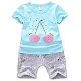 エフティーゾーン(Ftzone)2in1子供服ベビーの女の赤ちゃんの柔らかい綿半袖 Tシャツスカート+ショートパンツ セット(0-2歳) (12-18ヶ月, チェリー,ブルー)