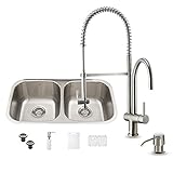Vigo 32インチアンダーマウント50 / 50ダブルボウル18ゲージステンレススチールwithドレスデンステンレススチールキッチンシンク蛇口、2つグリッド、2つStrainersとソープディスペン