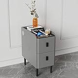 3つの引き出しと充電ステーションを備えたナイトスタンド、USBポートを備えたスマートLEDベッドサイドテーブル、多機能エンドテーブル、寝室のスリムな小型ベッドサイドキャビネット(色:ホワイト、サイズ:幅25cm/9.8インチ)