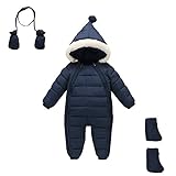 LittleSpring秋冬 防寒着 幼児服 ベビー服 厚手 保温オーバーオール＆手袋＆靴下 三点セット アウターウエア ロンパース オールインワン ネイビーM