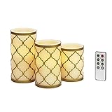 Set of 3 Ivory Wax Flameless Candles with Brass Moroccan Tangier Metal Case, 8 Function Remote and B