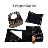 I Frogee Brocade Baby Blanket + Pillow + Bib Gift Set in Black/Red & Silver Cherry Blossom Print by 