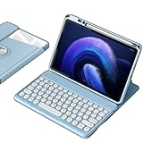 Brfveob Bluetoothキーボード、360度回転する丸いボタン、10.9インチタブレットキーボードカバーに最適、透明ペンスロット (ブルー)