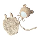 [NANA's shop] ベビー用ニット衣装セット, くま耳ボンネット帽子とオーバーオール, 新生児フォト撮影用, ベージュ 白 グレー ハーフバースデー 百日祝い (ブラウン０ヶ月用（〜3.5キロ）)