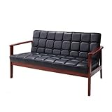 【１年保証】 木肘レトロデザイン ２人掛けソファ ブラックレザー