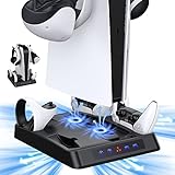 Younik PS-5 垂直スタンド 冷却ステーションとコントローラー充電ドック付き ワイヤレスコンタクト充電ドック PS-5 & PS-VR2コントローラー用 PS-5コンソール冷却ファン PS-5 & PS-VR2ヘッドセットホルダーセット