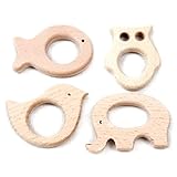 Set of 4pc Wooden Teethers Handmade Wooden Elephant Teether Fish Bird Owl Teethers Beech Wood Pendan